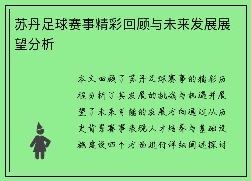 苏丹足球赛事精彩回顾与未来发展展望分析