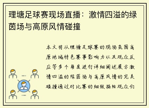 理塘足球赛现场直播:激情四溢的绿茵场与高原风情碰撞
