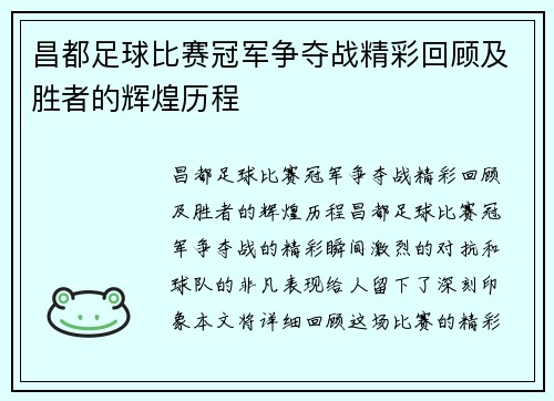 昌都足球比赛冠军争夺战精彩回顾及胜者的辉煌历程