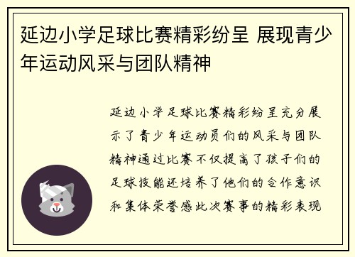 延边小学足球比赛精彩纷呈 展现青少年运动风采与团队精神