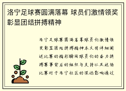 洛宁足球赛圆满落幕 球员们激情领奖彰显团结拼搏精神