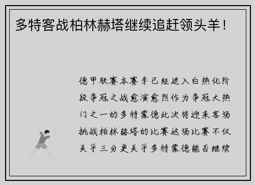 多特客战柏林赫塔继续追赶领头羊！