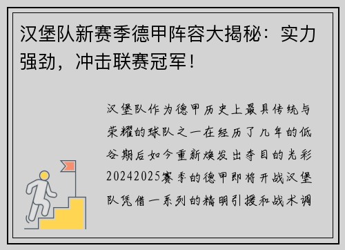 汉堡队新赛季德甲阵容大揭秘：实力强劲，冲击联赛冠军！