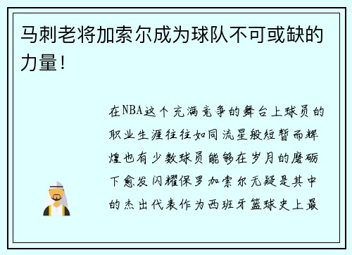马刺老将加索尔成为球队不可或缺的力量！