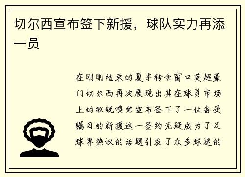 切尔西宣布签下新援，球队实力再添一员