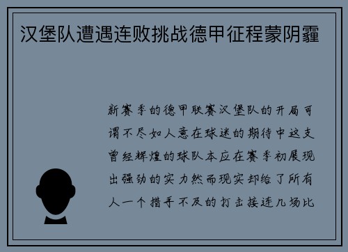汉堡队遭遇连败挑战德甲征程蒙阴霾