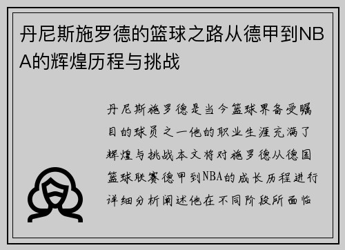丹尼斯施罗德的篮球之路从德甲到NBA的辉煌历程与挑战