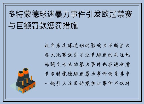 多特蒙德球迷暴力事件引发欧冠禁赛与巨额罚款惩罚措施