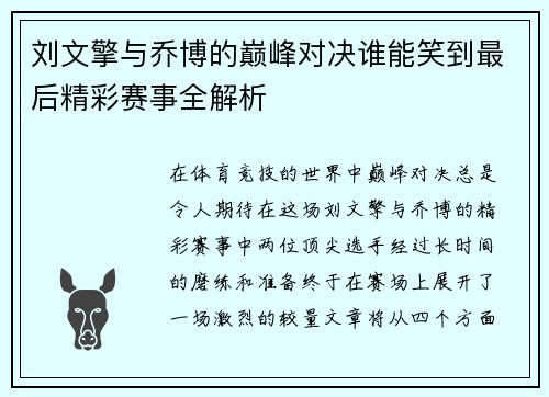 刘文擎与乔博的巅峰对决谁能笑到最后精彩赛事全解析