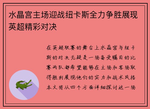水晶宫主场迎战纽卡斯全力争胜展现英超精彩对决