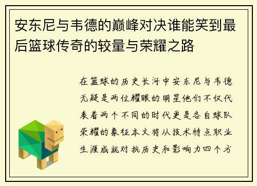 安东尼与韦德的巅峰对决谁能笑到最后篮球传奇的较量与荣耀之路