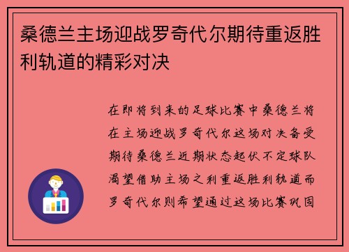 桑德兰主场迎战罗奇代尔期待重返胜利轨道的精彩对决
