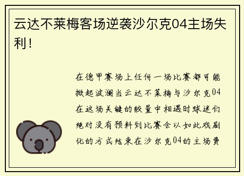 云达不莱梅客场逆袭沙尔克04主场失利！