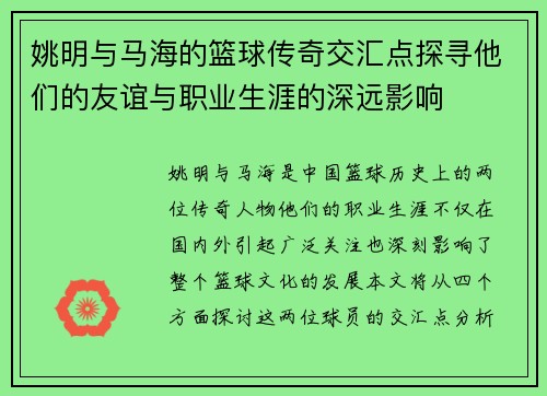 姚明与马海的篮球传奇交汇点探寻他们的友谊与职业生涯的深远影响